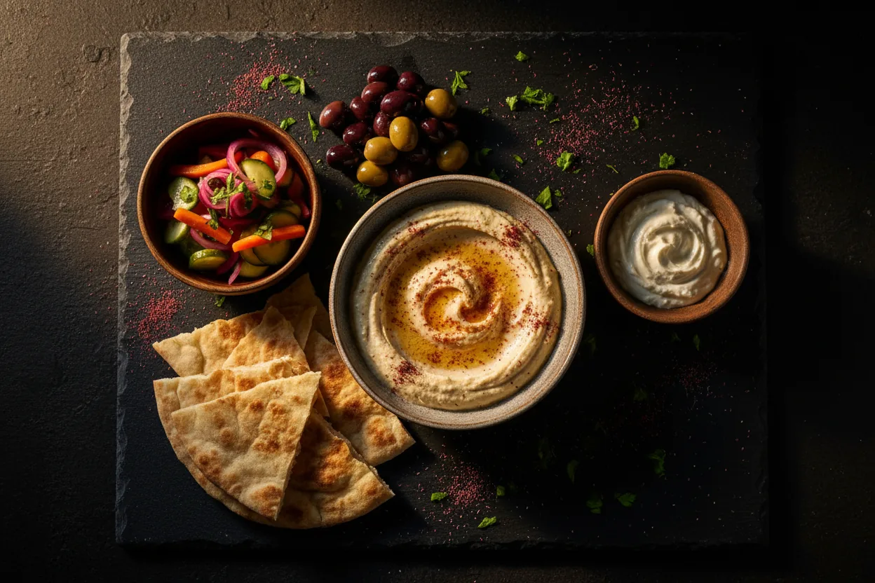 Hausgemachte Saucen, Hummus, Pickles und warmer Fladen